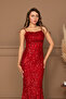 Sequin Sequined Long Evening Dress with Collar Strap - Red - 5