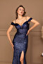 Sequin Sequined Boat Neck Long Evening Dress - Dark Blue - 6
