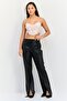 Women Regular Fit Solid Leather Straight Leg Pants, Black - 2