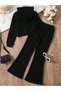 Girl's Black Corduroy Knitted Fabric Hooded Sweatshirt-Spanish Leg Trousers Set - 3