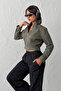 Khaki Zippered Crop Suede Knitted Jacket Twoaw26Ce00067