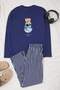 Indigo Regular Cotton Long Sleeve Top Teddy Bear Printed Bottom Striped Pajamas Set Tmnaw26Pt00013