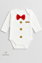 Tiny Boss Bow Tie Baby Bodysuit, Button Pattern Printed, Baby Boy Long Sleeve Snap Fastener Bodysuit Cotton - 2