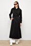 Water Repellent Long Trench Coat with Grosgrain Detail Black 6778 - 6