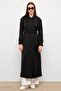Water Repellent Long Trench Coat with Grosgrain Detail Black 6778