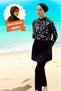 Hijab Swimsuit Digital Patterned Black 3-Piece Cap, Top, Bottom Suit Does Not Show Skin and Body Lines