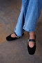 Women's Blunt Toe Buckle Studded Ballerinas Velona Black Suede - 6