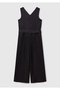Women's Black 100% Linen Belted Size Fitting Wide Leg V-Neck Jumpsuit - 4