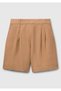 Women's Beige 100% Linen Back Waist Elastic Pleated Relax Fit Bermuda Shorts - 2