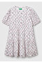 Girl's White Mix Viscose Patterned Front Buttoned Pleated Layered Short Sleeve Dress