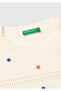 Women's Cream 100% Cotton Patterned Half Sleeve Regular Fit Crew Neck Sweater - 6
