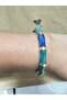 Blue Turquoise Toned Gold Steel Handcuff Bracelet – Vintage Bamboo Form Women's Bracelet Dd501