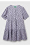 Girl's Purple Viscous Patterned Front Buttoned Pleated Layered Short Sleeve Dress