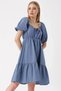 Women's Indigo Shirred Neckline Elastic Waist Flared Poplin Dress Hzl22S-Bd123511 - 3