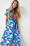 Women's Blue Cream Belted Floral Pattern Buttoned Summer Viscose Dress Hzl24S-Bd124551 - 4