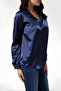 Women's Navy Blue Light Flowy Satin Surface Shirt Hzl22W-Bd139641 - 3