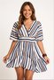Women's Cream Navy Blue Imported Linen Printed V-Neck Unlined Dress HZL24S-FRY121021