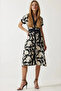 Women's Black Cream Belted Floral Patterned Buttoned Summer Viscose Dress Hzl24S-Bd124551