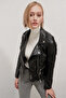 Women's Black Short Faux Leather Lined Biker Jacket Hzl22W-Bd110251 - 4