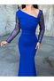 Women's Stretchy Crepe Fabric Sleeves Tulle and Stone Detailed Front Draped Maxi Size Fish Evening Dress Cobalt Blue 58311 - 4
