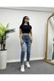 Women's Blue Ripped Detailed Mom Jean Pants - 2