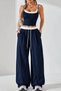 Women's Navy Strappy Fitted Blouse and Wide-Leg Pants Set – Cotton Stretch Fabric - 3