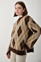 Women's Brown Oversize Argyle Patterned Knitwear Sweater - 4
