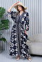 Women's Navy Blue Ethnic Authentic Patterned Balloon Sleeve Loose Oversize Long Dress - 3