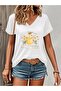 Sweet Honey Printed Women's Oversize V-Neck T-Shirt
