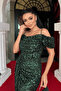 Sequin Fabric Degaje Collar Evening Dress - Emerald Green - 4
