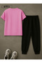 Trendy Stylish Printed Plus Size Bright Pink T-Shirt & Black Pants Tracksuit Set - 3
