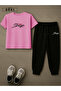 Stay Strong Printed Plus Size Bright Pink T-Shirt & Black Pants Tracksuit Set - 2