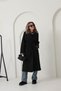 Women's Black Lined Pocketed Long Oversized Melton Coat with Belt - 7