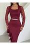 Women's Feather-Detail Lace and Rhinestone Imported Fabric Dress
