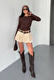 Women's Crew Neck Long Sleeve Blouse with Accessory Detail Brown - 26K 2545 - 3