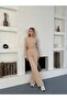 Women's Beige Drawstring Detailed Gagari Fabric Top and Bottom Set - 4
