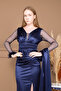 Satin Sleeves, Beaded Detail Fish Dress - Dark Blue - 3