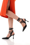 Black Leather Drawstring Pointed Heeled Shoes - 3