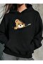 Women's Zipper Cute Bear Printed Hooded Black Gray Hoodie Sweatshirt Oversize