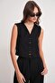 4743 Women's V-Neck Buttoned Bodycon Vest Black - 4