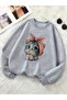 Women's Cute Cat Printed Crew Neck Gray Black Sweatshirt Oversize Loose - 3