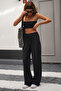 Black Linen Look Stretch Fabric High Waist Wide-Leg Palazzo Sweatpants - 7
