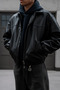 Oversize Black Men's Leather Jacket - Black Bomber Style Stylish Street Fashion Men's Coat Jacket - 3