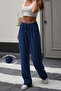 Navy Blue Linen Look Stretch Fabric High Waist Wide-Leg Palazzo Sweatpants