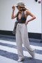 Cream Linen Look Lycra High Waist Wide Leg Palazzo Sweatpants - 2