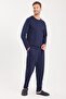 Men's Standard Fit 100% Cotton Crew Neck Elastic Waist Navy Blue Pajama Set - 4