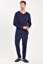 Men's Standard Fit 100% Cotton V-Neck Elastic Waist Navy Blue Pajama Set - 4