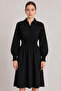 Women's Black Long Sleeve Buttoned Dress with Elastic Waist - 5