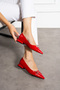 Red Patent Leather Double Buckle Pointed Toe Low Block Heel Women's Ballerina Shoes - 2