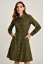Women's Khaki Buttoned Long Sleeve Midi Shirt Dress - 3